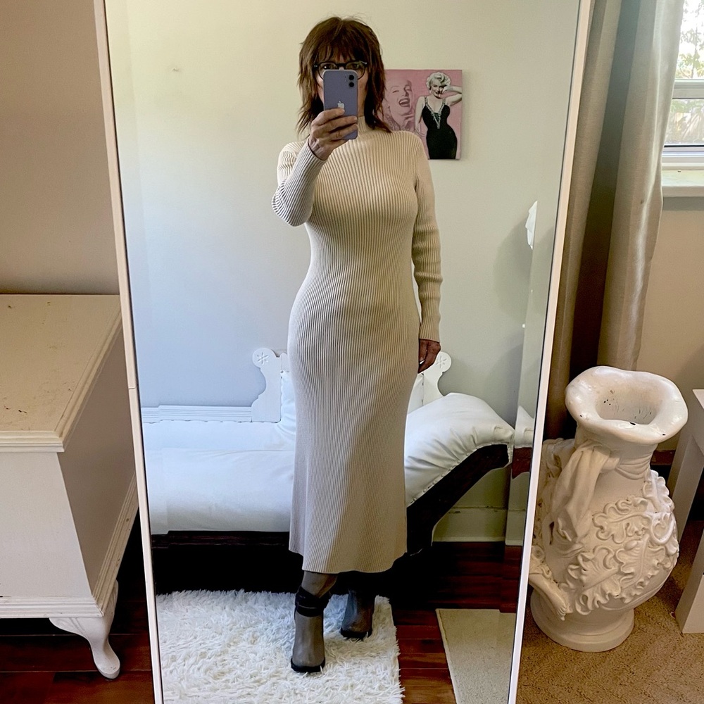 ZARA BEIGE TAN LONG SLEEVE MIDI RIBBED KNIT DRESS MOCK TURTLENECK STRETCH